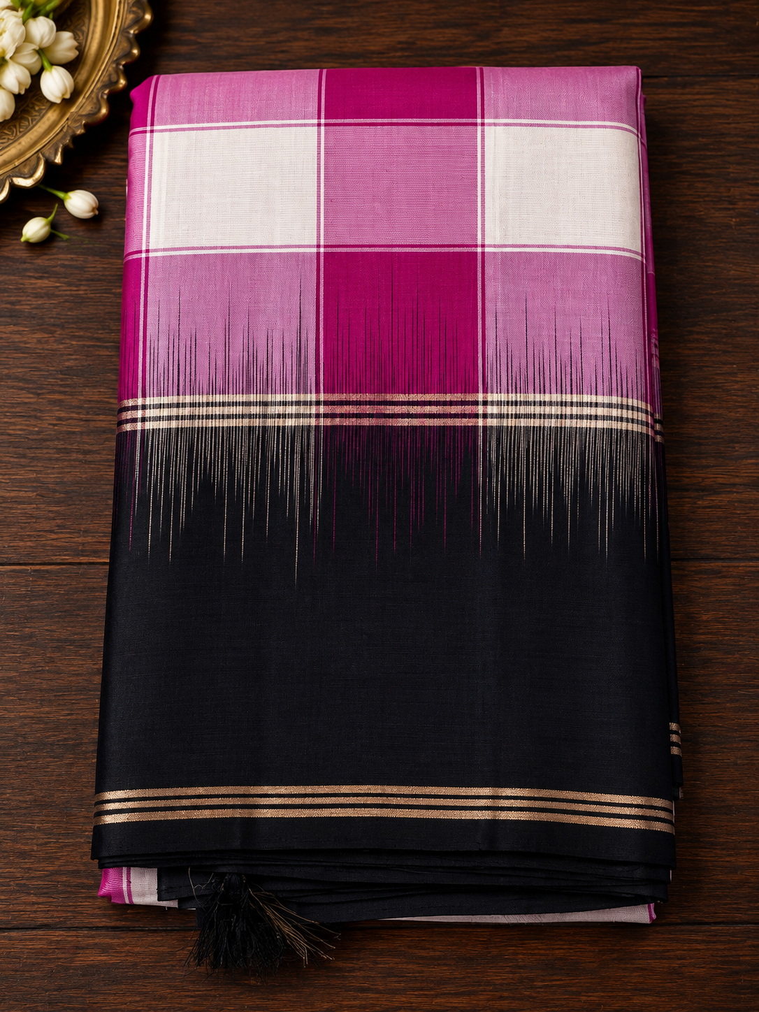 Pink Check Pure Silk Saree