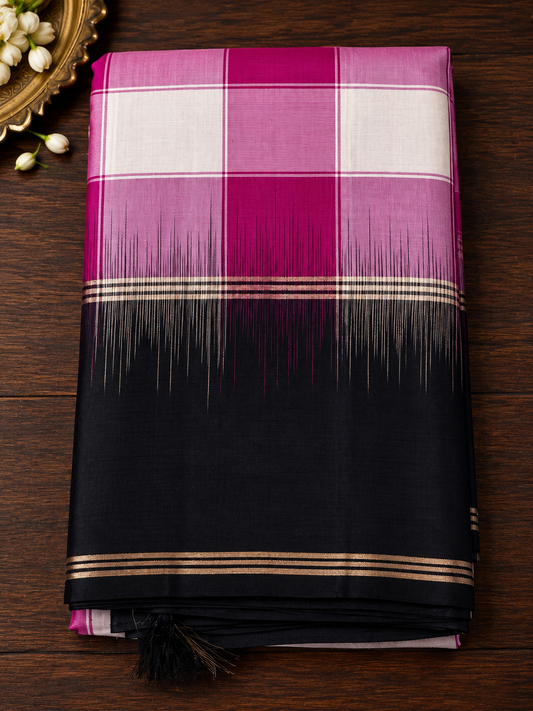 Pink Check Pure Silk Saree