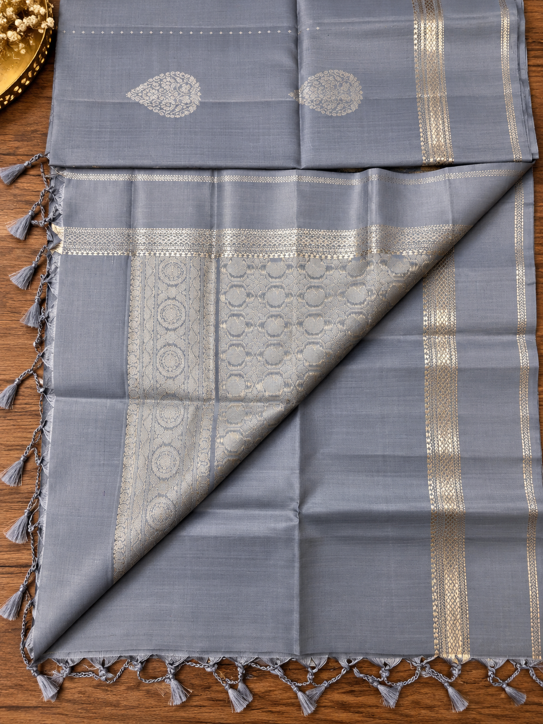 Slate Grey Pure Silk Saree
