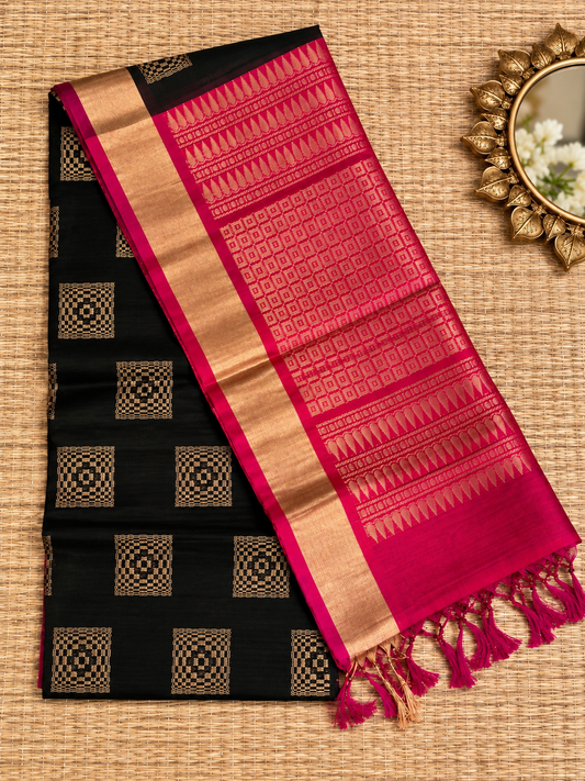 Deep Black Silk Cotton Saree
