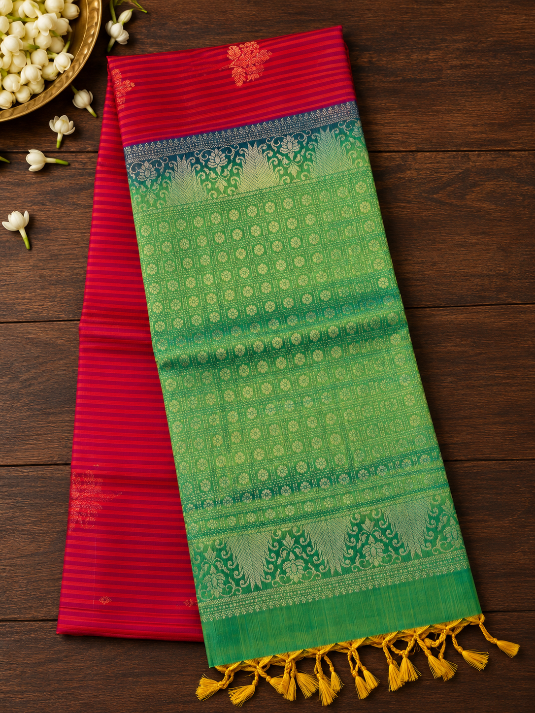 Chili Red & Green Pure Silk Saree