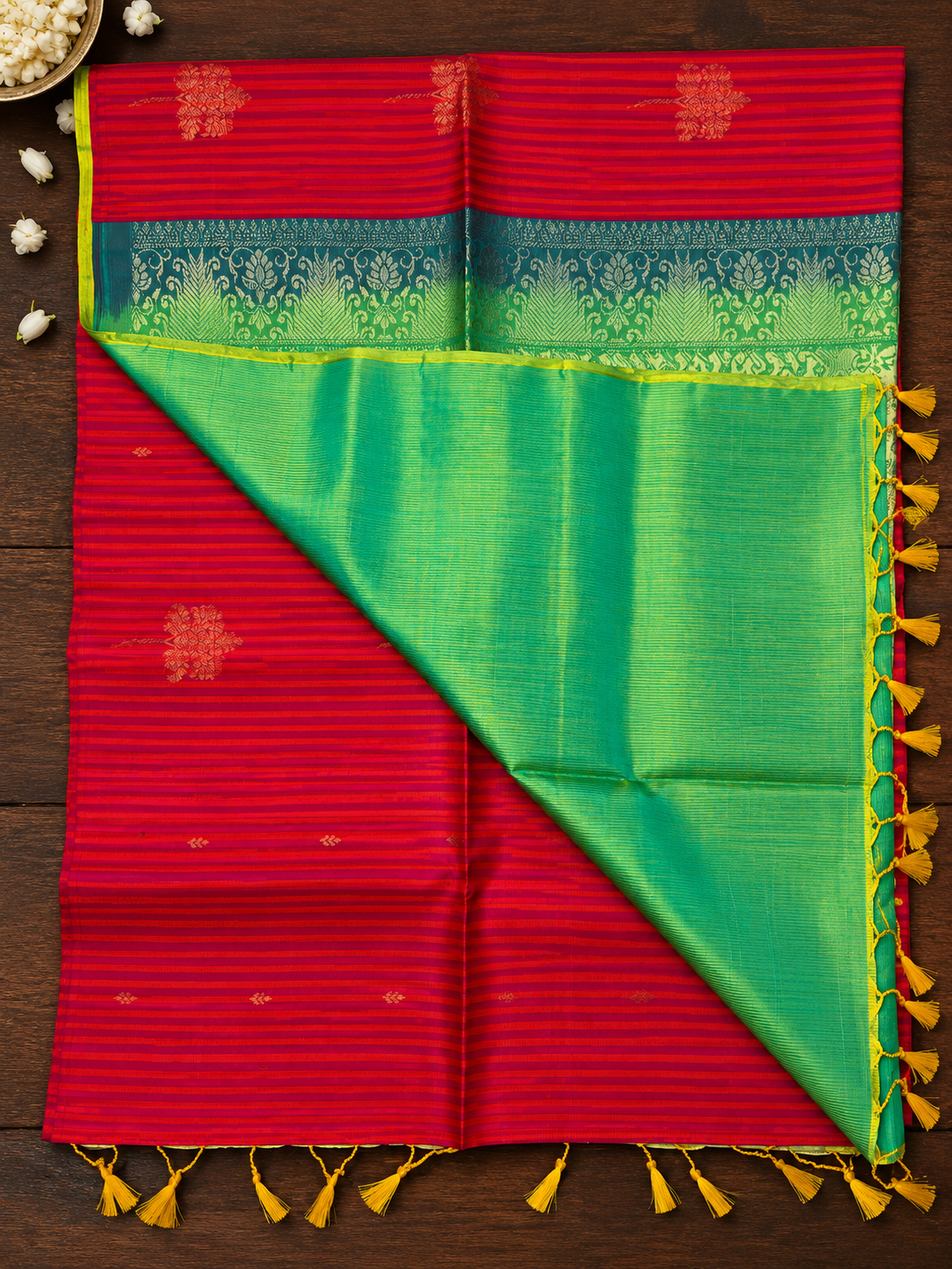 Chili Red & Green Pure Silk Saree