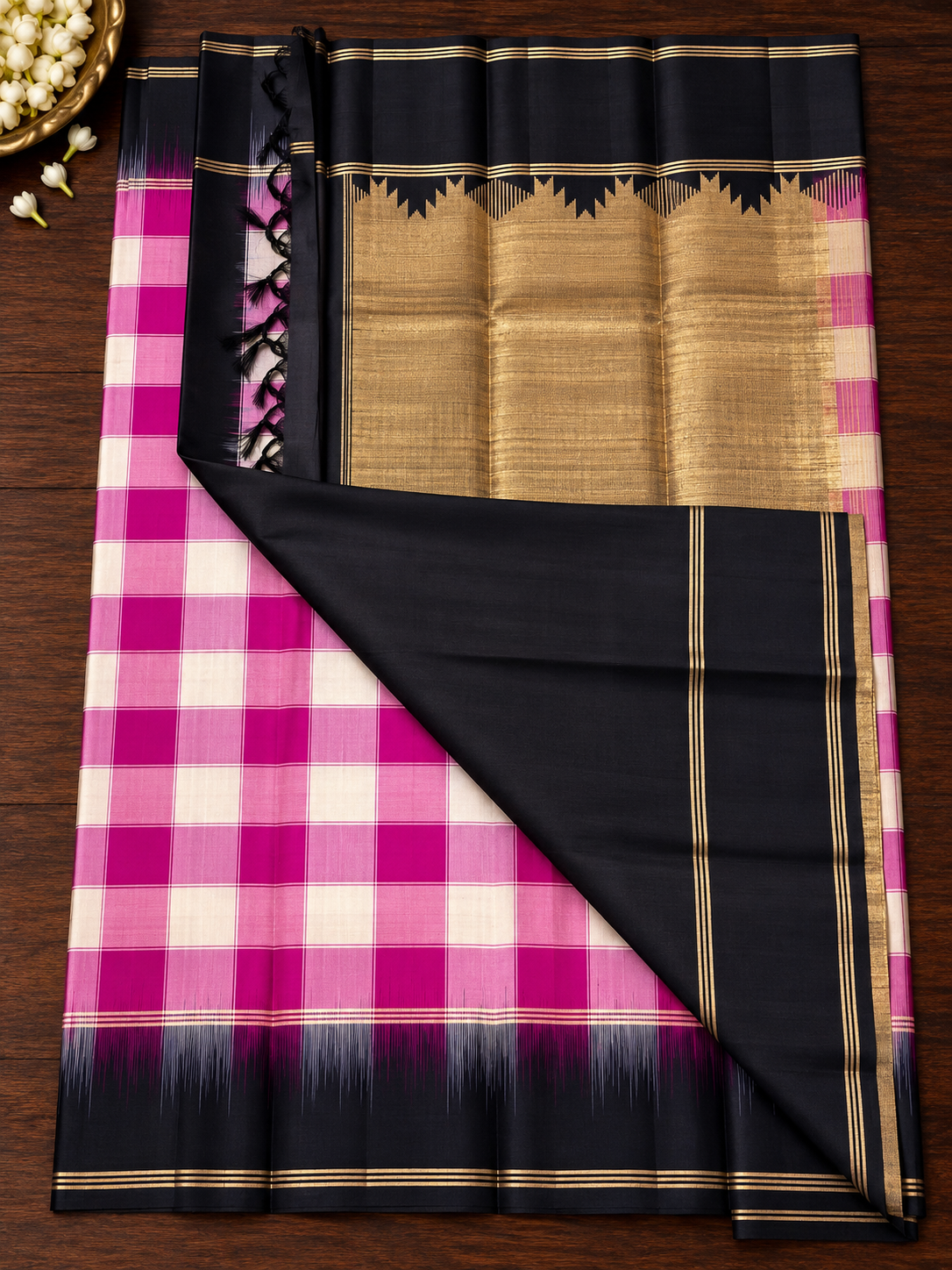 Pink Check Pure Silk Saree