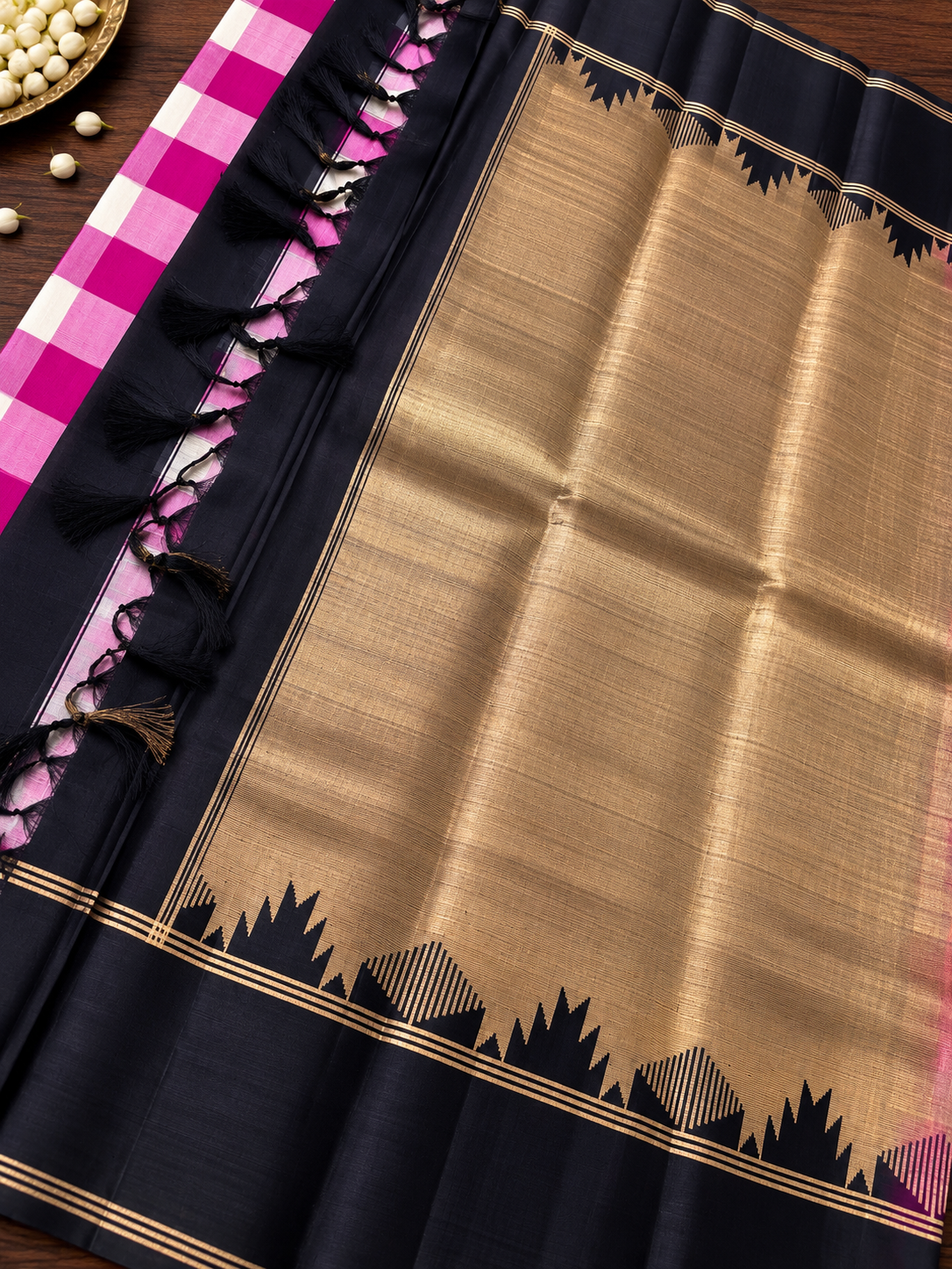 Pink Check Pure Silk Saree